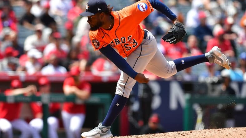 May 10, 2023; Anaheim, California, USA; Houston Astros starting pitcher Cristian Javier (53) throws against the Los Angeles Angels during the fourth inning at Angel Stadium. Mandatory Credit: Gary A. Vasquez-USA TODAY Sports