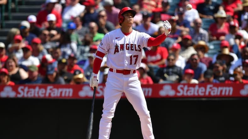 May 10, 2023; Anaheim, California, USA; Los Angeles Angels designated hitter Shohei Ohtani (17) tosses the ball back to the dugout during an at bat against the Houston Astros during the sixth inning at Angel Stadium. Mandatory Credit: Gary A. Vasquez-USA TODAY Sports