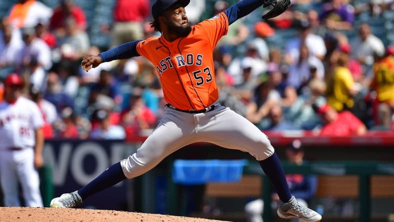May 10, 2023; Anaheim, California, USA; Houston Astros starting pitcher Cristian Javier (53) throws against the Los Angeles Angels during the sixth inning at Angel Stadium. Mandatory Credit: Gary A. Vasquez-USA TODAY Sports