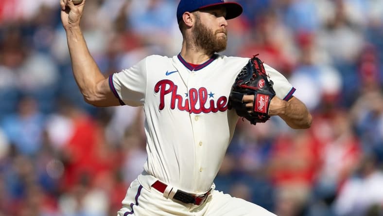 May 10, 2023; Philadelphia, Pennsylvania, USA; Philadelphia Phillies starting pitcher Zack Wheeler (45) throws a pitch during the second inning against the Toronto Blue Jays at Citizens Bank Park. Mandatory Credit: Bill Streicher-USA TODAY Sports