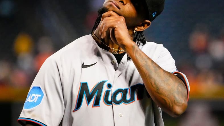 Miami Marlins starting pitcher Edward Cabrera (27) reacts after leaving the game against the Arizona Diamondbacks in the fourth inning at Chase Field in Phoenix on May 10, 2023.