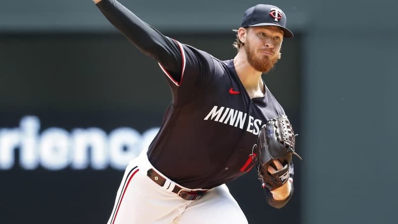May 11, 2023; Minneapolis, Minnesota, USA; Minnesota Twins starting pitcher Bailey Ober (17) throws to the San Diego Padres in the first inning at Target Field. Mandatory Credit: Bruce Kluckhohn-USA TODAY Sports