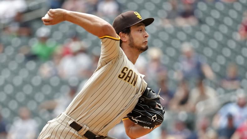 May 11, 2023; Minneapolis, Minnesota, USA; San Diego Padres starting pitcher Yu Darvish (11) throws to the Minnesota Twins in the second inning at Target Field. Mandatory Credit: Bruce Kluckhohn-USA TODAY Sports