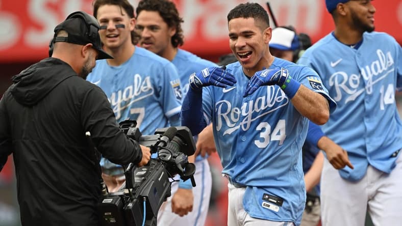 May 11, 2023; Kansas City, Missouri, USA; Kansas City Royals catcher Freddy Fermin (34) reacts after driving in the winning run during the ninth inning against the Chicago White Sox at Kauffman Stadium. Mandatory Credit: Peter Aiken-USA TODAY Sports