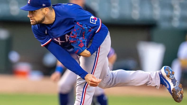 May 11, 2023; Oakland, California, USA; Texas Rangers starting pitcher Nathan Eovaldi (17) delivers a pitch against the Oakland Athletics during the first inning at Oakland-Alameda County Coliseum. Mandatory Credit: Neville E. Guard-USA TODAY Sports