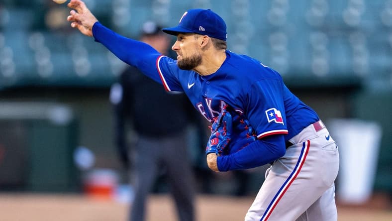 May 11, 2023; Oakland, California, USA; Texas Rangers starting pitcher Nathan Eovaldi (17) delivers a pitch against the Oakland Athletics during the first inning at Oakland-Alameda County Coliseum. Mandatory Credit: Neville E. Guard-USA TODAY Sports