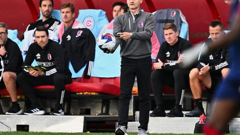 May 9, 2023; Bridgeview, IL, USA; St. Louis City SC head coach Bradley Carnell watches his team play against the Chicago Fire FC at SeatGeek Stadium. Mandatory Credit: Jamie Sabau-USA TODAY Sports