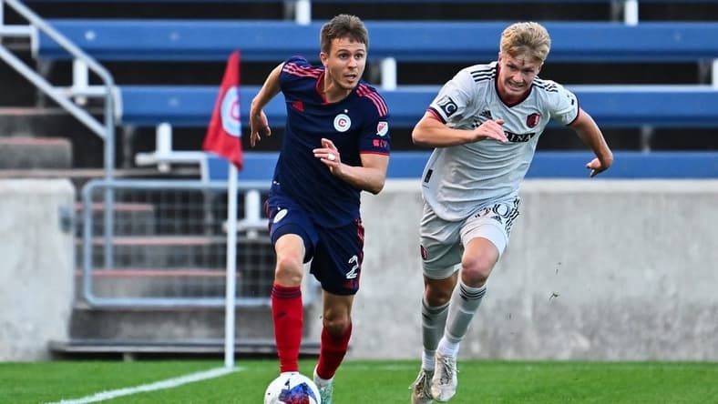 May 9, 2023; Bridgeview, IL, USA;  Chicago Fire FC defender Arnaud Souquet (2) controls the ball against St. Louis City SC at SeatGeek Stadium. Mandatory Credit: Jamie Sabau-USA TODAY Sports