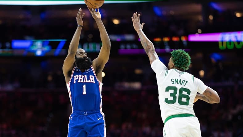 May 11, 2023; Philadelphia, Pennsylvania, USA; Philadelphia 76ers guard James Harden (1) shoots past Boston Celtics guard Marcus Smart (36) during the second quarter in game six of the 2023 NBA playoffs at Wells Fargo Center. Mandatory Credit: Bill Streicher-USA TODAY Sports