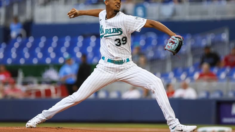 May 12, 2023; Miami, Florida, USA; Miami Marlins starting pitcher Eury Perez (39) delivers a pitch against the Cincinnati Reds during the first inning at loanDepot Park. Mandatory Credit: Sam Navarro-USA TODAY Sports