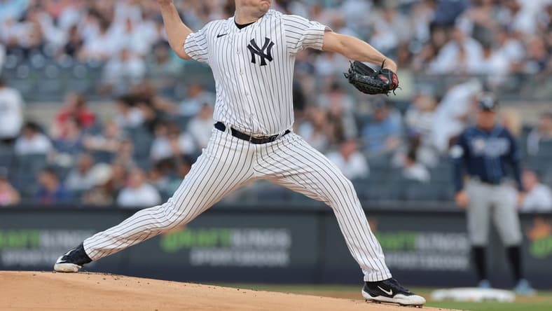 May 12, 2023; Bronx, New York, USA; New York Yankees starting pitcher Gerrit Cole (45) delivers a pitch during the first inning against the Tampa Bay Rays at Yankee Stadium. Mandatory Credit: Vincent Carchietta-USA TODAY Sports