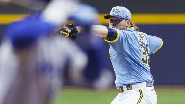 May 12, 2023; Milwaukee, Wisconsin, USA; Milwaukee Brewers pitcher Corbin Burnes (39) throws a pitch during the =*i= against = at American Family Field. Mandatory Credit: Jeff Hanisch-USA TODAY Sports