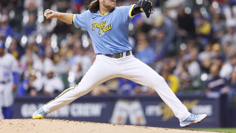 May 12, 2023; Milwaukee, Wisconsin, USA; Milwaukee Brewers pitcher Corbin Burnes (39) throws a pitch during the second inning against the Kansas City Royals at American Family Field. Mandatory Credit: Jeff Hanisch-USA TODAY Sports