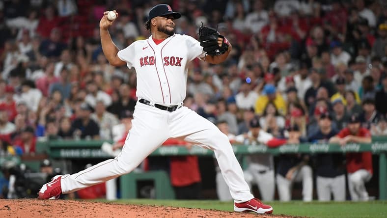 May 12, 2023; Boston, Massachusetts, USA; Boston Red Sox relief pitcher Kenley Jansen (74) pitches against the St. Louis Cardinals during the ninth inning at Fenway Park. Mandatory Credit: Eric Canha-USA TODAY Sports
