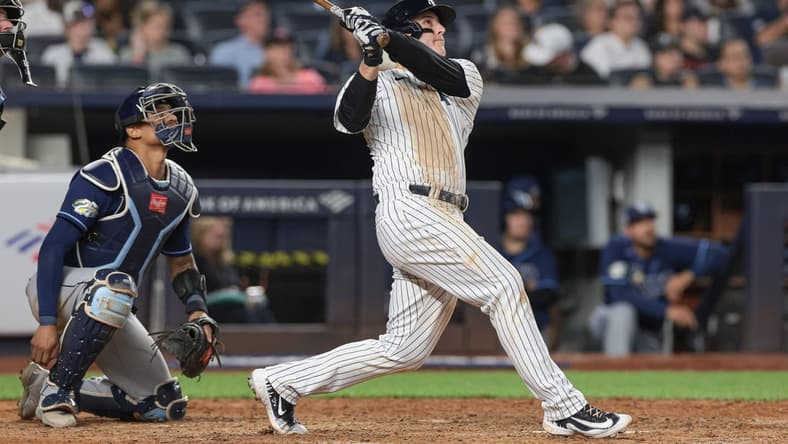 May 12, 2023; Bronx, New York, USA; New York Yankees first baseman Anthony Rizzo (48) looks up at his two run home run during the eighth inning against the Tampa Bay Rays at Yankee Stadium. Mandatory Credit: Vincent Carchietta-USA TODAY Sports