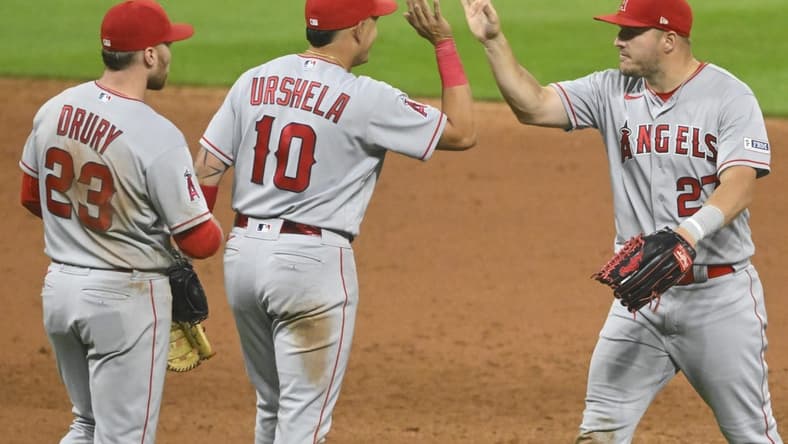 May 12, 2023; Cleveland, Ohio, USA; The Los Angeles Angels celebrate a win over the Cleveland Guardians at Progressive Field. Mandatory Credit: David Richard-USA TODAY Sports