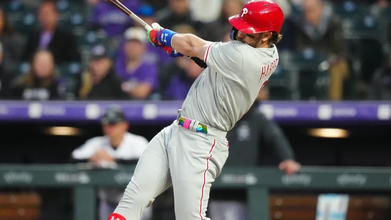 May 12, 2023; Denver, Colorado, USA; Philadelphia Phillies designated hitter Bryce Harper (3) in the seventh inning against the Colorado Rockies at Coors Field. Mandatory Credit: Ron Chenoy-USA TODAY Sports