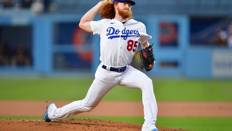 May 12, 2023; Los Angeles, California, USA; Los Angeles Dodgers starting pitcher Dustin May (85) throws against the San Diego Padres during the second inning at Dodger Stadium. Mandatory Credit: Gary A. Vasquez-USA TODAY Sports