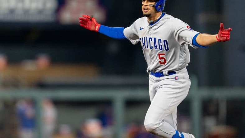 May 12, 2023; Minneapolis, Minnesota, USA; Chicago Cubs center fielder Christopher Morel (5) celebrates a home run against the Minnesota Twins in the ninth inning inning at Target Field. Mandatory Credit: Matt Blewett-USA TODAY Sports