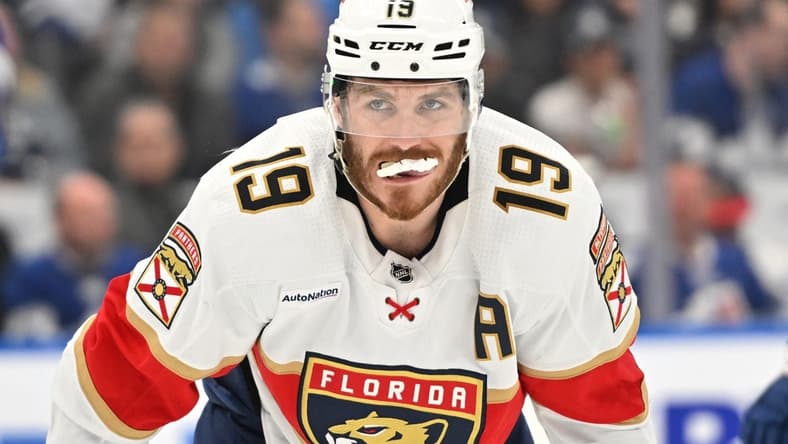 May 12, 2023; Toronto, Ontario, CAN; Florida Panthers forward Matthew Tkachuk (19) prepares for a faceoff against the Toronto Maple Leafs in the second period in game five of the second round of the 2023 Stanley Cup Playoffs at Scotiabank Arena. Mandatory Credit: Dan Hamilton-USA TODAY Sports