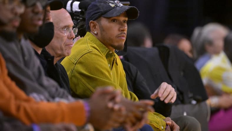 May 12, 2023; Los Angeles, California, USA; F1 driver Lewis Hamilton attends game six of the 2023 NBA playoffs between the Los Angeles Lakers and the Golden State Warriors at Crypto.com Arena. Mandatory Credit: Jayne Kamin-Oncea-USA TODAY Sports