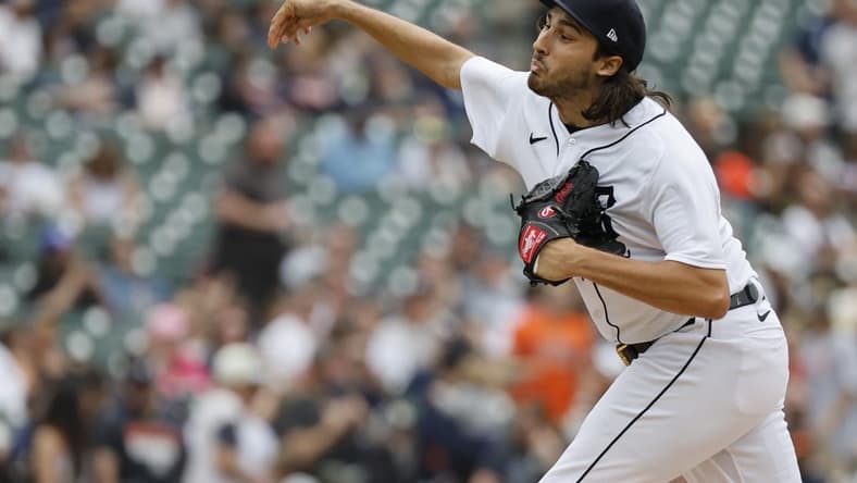 May 13, 2023; Detroit, Michigan, USA; Detroit Tigers starting pitcher Alex Faedo (49) pitches in the first inning against the Seattle Mariners at Comerica Park. Mandatory Credit: Rick Osentoski-USA TODAY Sports