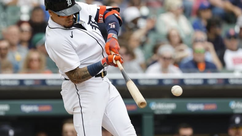 May 13, 2023; Detroit, Michigan, USA; Detroit Tigers shortstop Javier Baez (28) hits a single in the seventh inning against the Seattle Mariners at Comerica Park. Mandatory Credit: Rick Osentoski-USA TODAY Sports