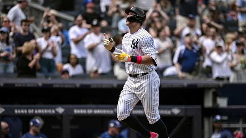 May 13, 2023; Bronx, New York, USA; New York Yankees center fielder Aaron Judge (99) celebrates after hitting a two run-home run against the Tampa Bay Rays during the fifth inning at Yankee Stadium. Mandatory Credit: John Jones-USA TODAY Sports