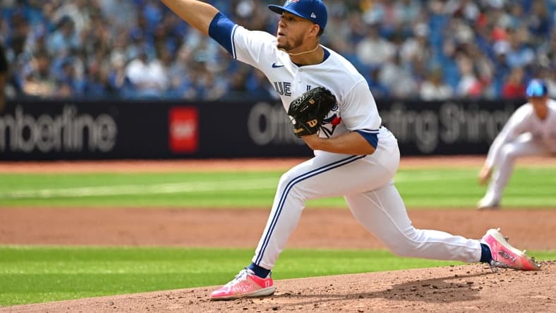 May 13, 2023; Toronto, Ontario, CAN; Toronto Blue Jays starting pitcher Jose Berrios (17) delivers a pitch against the Atlanta Braves in the second inning at Rogers Centre. Mandatory Credit: Dan Hamilton-USA TODAY Sports