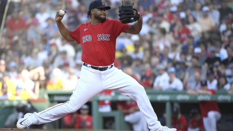 May 13, 2023; Boston, Massachusetts, USA; Boston Red Sox relief pitcher Kenley Jansen (74) pitches during the ninth inning against the St. Louis Cardinals at Fenway Park. Mandatory Credit: Bob DeChiara-USA TODAY Sports
