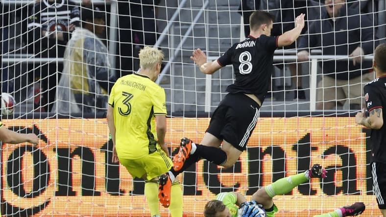 May 13, 2023; Washington, District of Columbia, USA; Nashville SC goalkeeper Joe Willis (1) makes a save in front of D.C. United midfielder Chris Durkin (8) and Nashville SC defender Lukas MacNaughton (3) in the first half at Audi Field. Mandatory Credit: Geoff Burke-USA TODAY Sports