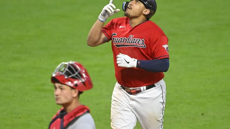 May 13, 2023; Cleveland, Ohio, USA; Cleveland Guardians first baseman Josh Naylor (22) celebrates his three-run home run in the eighth inning against the Los Angeles Angels at Progressive Field. Mandatory Credit: David Richard-USA TODAY Sports