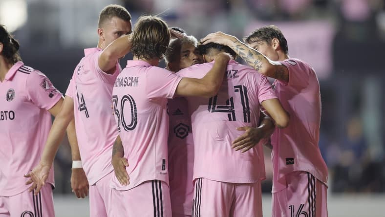 May 13, 2023; Fort Lauderdale, Florida, USA; May 13, 2023; Fort Lauderdale, Florida, USA; Inter Miami forward Josef Martinez (17) celebrates his goal with teamates during the first half at DRV PNK Stadium. Mandatory Credit: Sam Navarro-USA TODAY Sports at DRV PNK Stadium. Mandatory Credit: Sam Navarro-USA TODAY Sports