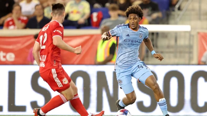 May 13, 2023; Harrison, New Jersey, USA; New York City FC forward Talles Magno (43) controls the ball against New York Red Bulls defender Dylan Nealis (12) during the first half at Red Bull Arena. Mandatory Credit: Brad Penner-USA TODAY Sports