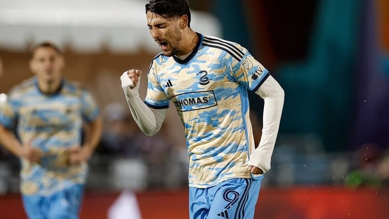May 13, 2023; Commerce City, Colorado, USA; Philadelphia Union forward Julian Carranza (9) celebrates after his goal in the second half against the Colorado Rapids at Dick's Sporting Goods Park. Mandatory Credit: Isaiah J. Downing-USA TODAY Sports