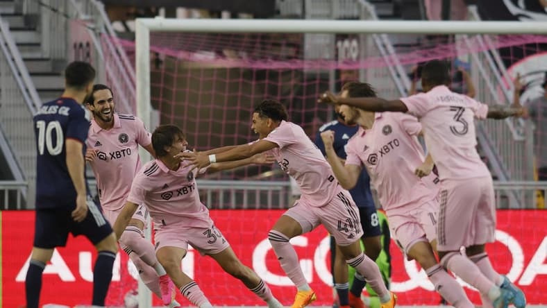 May 13, 2023; Fort Lauderdale, Florida, USA; Inter Miami midfielder David Ruiz (41) celebrates his goal with teamate Inter Miami midfielder Benjamin Cremaschi (30) against New England Revolution during the first half at DRV PNK Stadium. Mandatory Credit: Sam Navarro-USA TODAY Sports