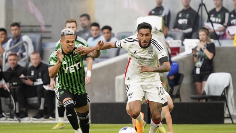 May 13, 2023; Austin, Texas, USA; FC Dallas forward Jesus Ferreira (10) fights for the ball against the Austin FC midfielder Daniel Pereira (6) at Q2 Stadium. Mandatory Credit: Scott Wachter-USA TODAY Sports