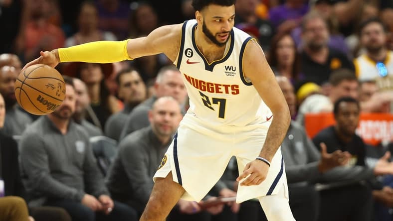 May 7, 2023; Phoenix, Arizona, USA; Denver Nuggets guard Jamal Murray (27) against the Phoenix Suns during game four of the 2023 NBA playoffs at Footprint Center. Mandatory Credit: Mark J. Rebilas-USA TODAY Sports