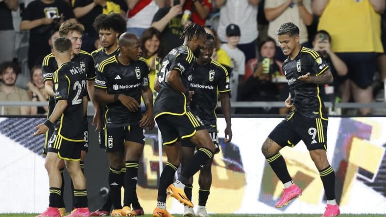 May 13, 2023; Columbus, Ohio, USA; Columbus Crew SC players celebrate their goal during the first half at Lower.com Field. Mandatory Credit: Joseph Maiorana-USA TODAY Sports