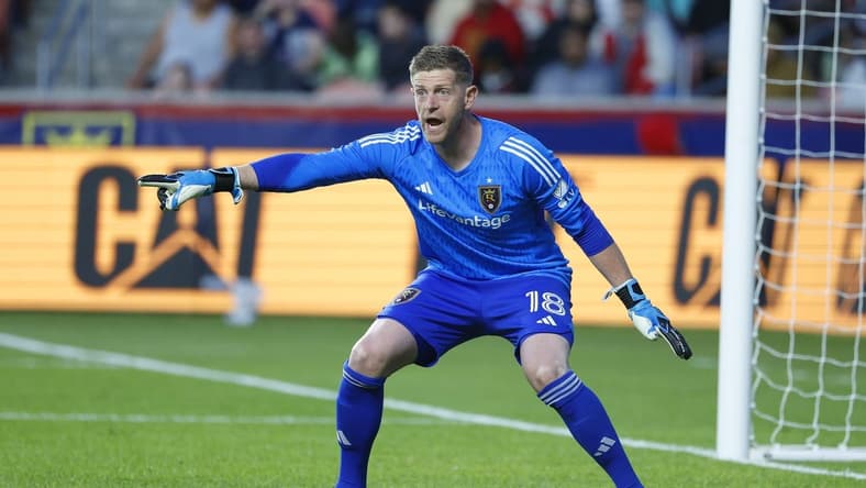 May 13, 2023; Sandy, Utah, USA; Real Salt Lake goalkeeper Zac MacMath (18) directs his team in the first half against the Los Angeles FC at America First Field. Mandatory Credit: Jeff Swinger-USA TODAY Sports