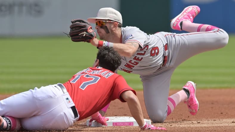 May 14, 2023; Cleveland, Ohio, USA; Los Angeles Angels shortstop Zach Neto (9) reacts after tagging out Cleveland Guardians right fielder Will Brennan (17) at second base during the second inning at Progressive Field. Mandatory Credit: Ken Blaze-USA TODAY Sports
