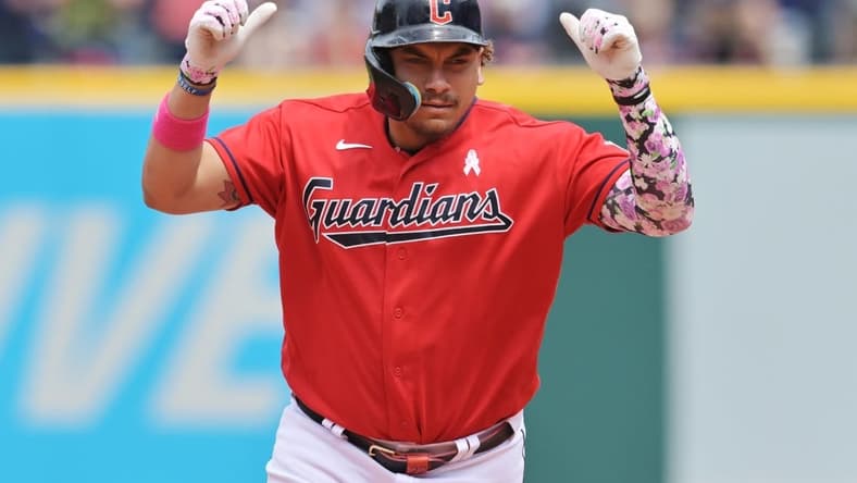 May 14, 2023; Cleveland, Ohio, USA; Cleveland Guardians designated hitter Josh Naylor (22) rounds the bases after hitting a home run during the eighth inning against the Los Angeles Angels at Progressive Field. Mandatory Credit: Ken Blaze-USA TODAY Sports