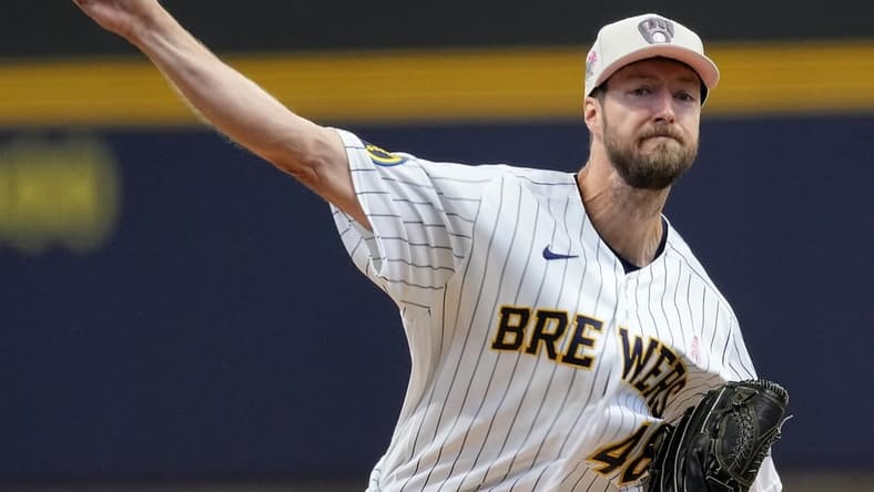 May 14, 2023; Milwaukee, Wisconsin, USA; Milwaukee Brewers starting pitcher Colin Rea (48) throws during the first inning of their game against the Kansas City Royals. Mandatory Credit: Mark Hoffman-USA TODAY Sports