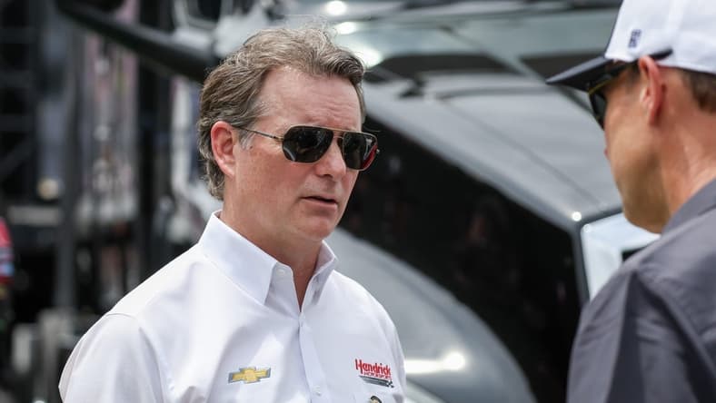 May 14, 2023; Darlington, South Carolina, USA; Jeff Gordon pre-race at Darlington Raceway. Mandatory Credit: David Yeazell-USA TODAY Sports