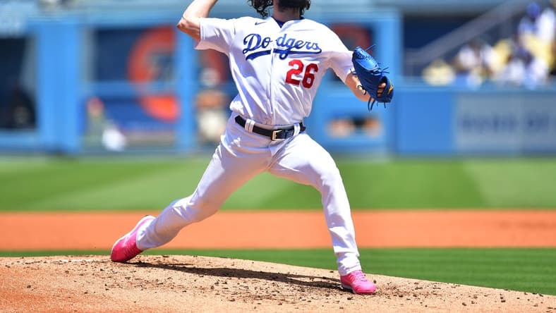 May 14, 2023; Los Angeles, California, USA;Los Angeles Dodgers starting pitcher Tony Gonsolin (26) throws against the San Diego Padres during the second inning at Dodger Stadium. Mandatory Credit: Gary A. Vasquez-USA TODAY Sports