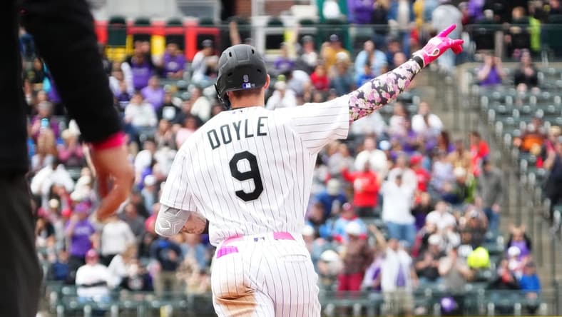 May 14, 2023; Denver, Colorado, USA; Colorado Rockies center fielder Brenton Doyle (9) runs off his solo home run in the fifth inning against the Philadelphia Phillies at Coors Field. Mandatory Credit: Ron Chenoy-USA TODAY Sports