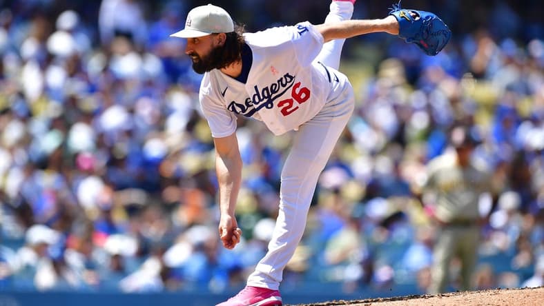 May 14, 2023; Los Angeles, California, USA; Los Angeles Dodgers starting pitcher Tony Gonsolin (26) throws against the San Diego Padres during the fifth inning at Dodger Stadium. Mandatory Credit: Gary A. Vasquez-USA TODAY Sports