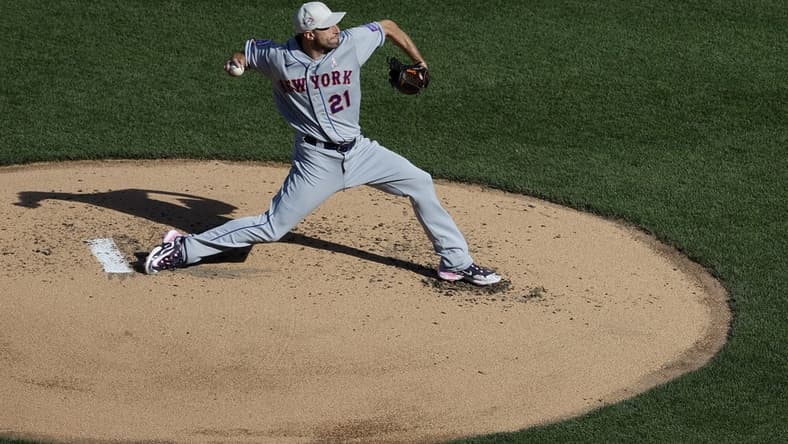 May 14, 2023; Washington, District of Columbia, USA; New York Mets starting pitcher Max Scherzer (21) pitches against the Washington Nationals during the second inning at Nationals Park. Mandatory Credit: Geoff Burke-USA TODAY Sports