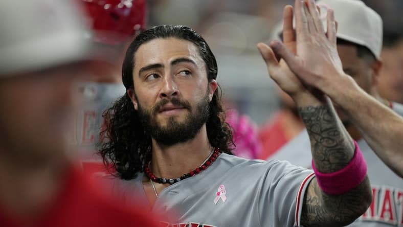 May 14, 2023; Miami, Florida, USA; Cincinnati Reds second baseman Jonathan India (6) celebrates scoring a run in the sixth inning against the Miami Marlins at loanDepot Park. Mandatory Credit: Jim Rassol-USA TODAY Sports