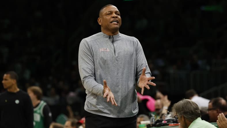 May 14, 2023; Boston, Massachusetts, USA; Philadelphia 76ers head coach Doc Rivers reacts during the first quarter of game seven of the 2023 NBA playoffs against the Boston Celtics at TD Garden. Mandatory Credit: Winslow Townson-USA TODAY Sports